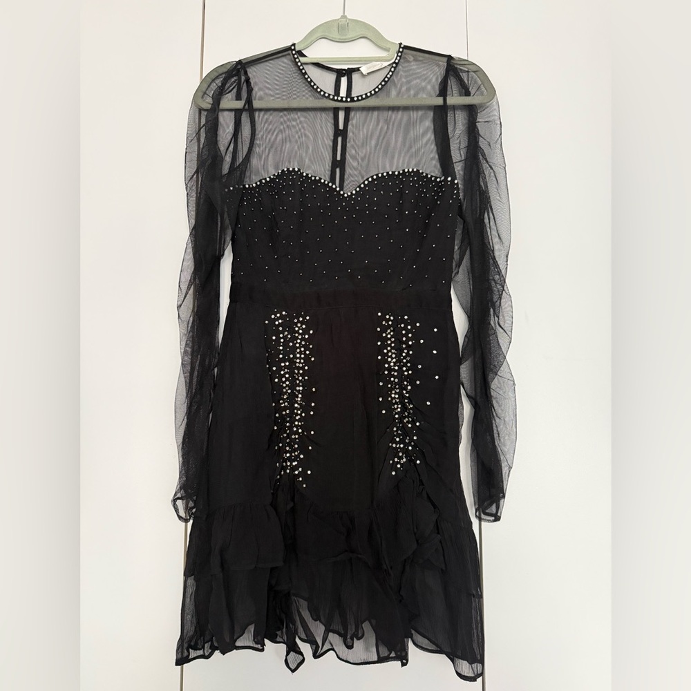 LoveShackFancy Black Long Sleeve Dress with Beaded Detail